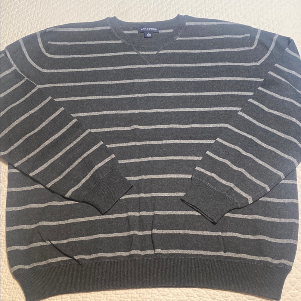 Lands' End Men's Charcoal and Light Gray Striped Crewneck Sweater